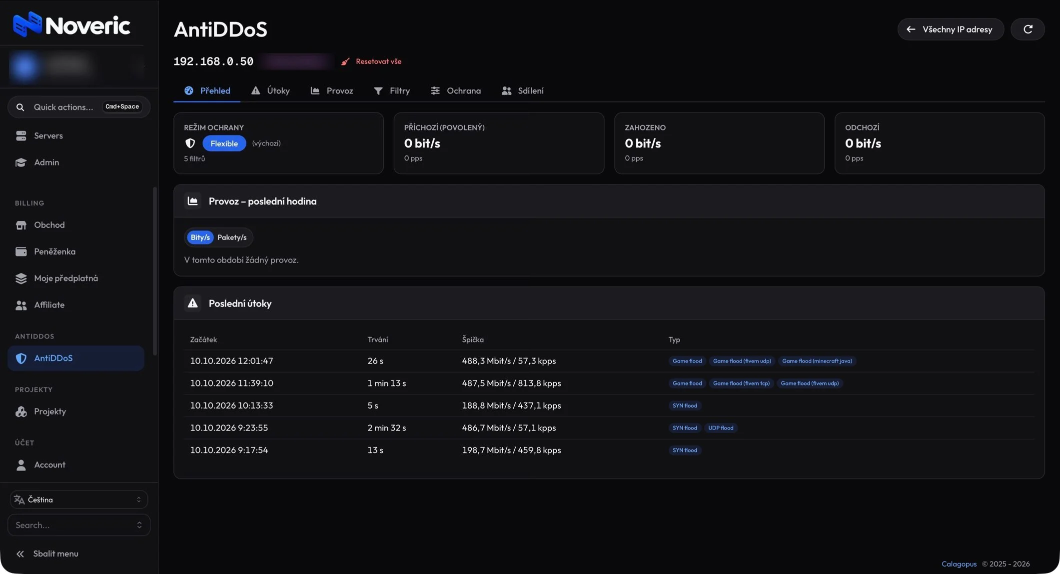 Noveric control panel: anti-DDoS overview with attack history and detected game flood types