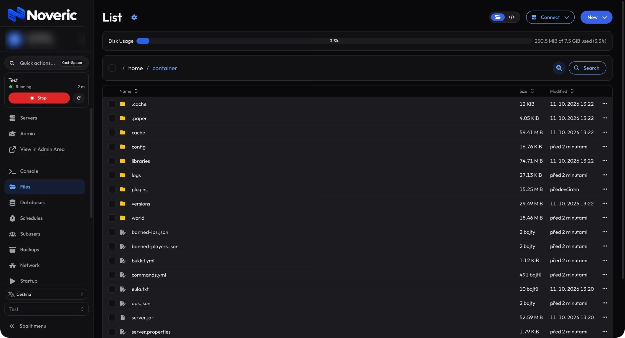 Noveric control panel: web file manager for a game server