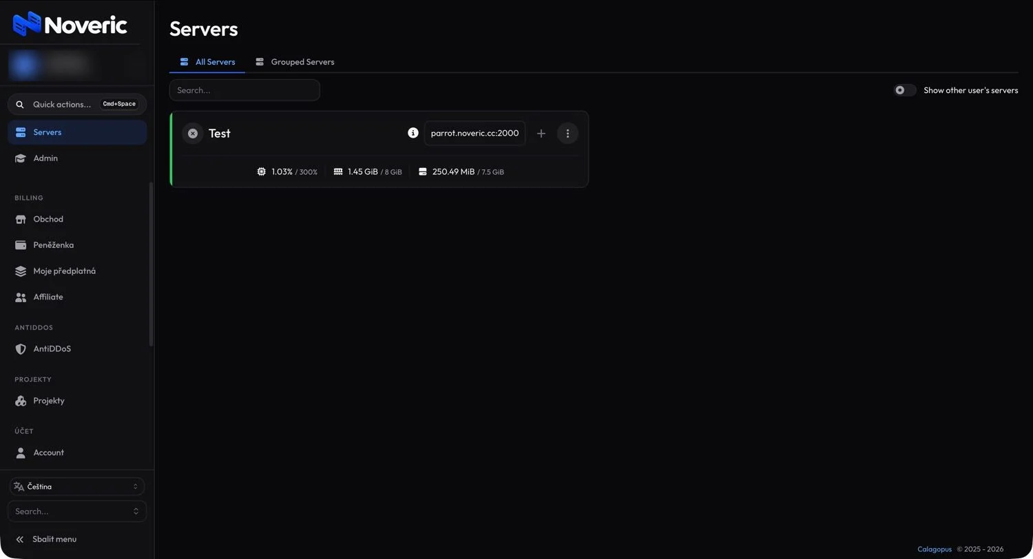 Noveric control panel: server list with CPU, RAM and disk usage
